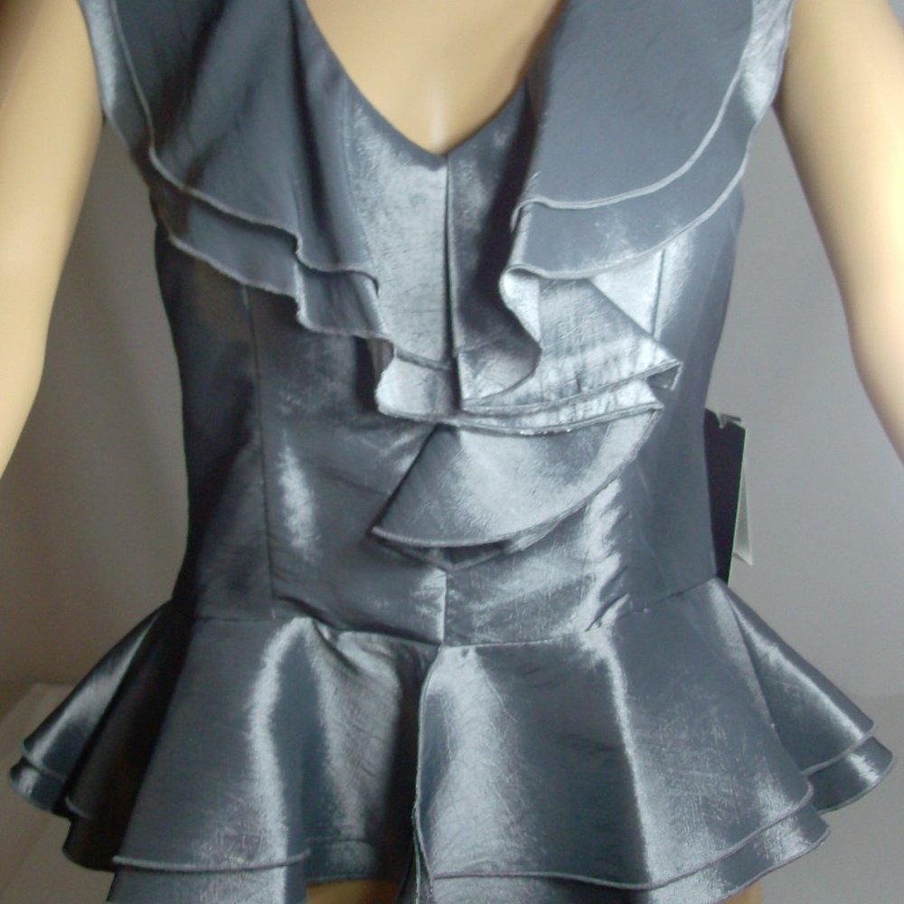 Grass Collection "Glamazon" Dark Grey Ruffle Blouse. Sleeveless Size S NWT!